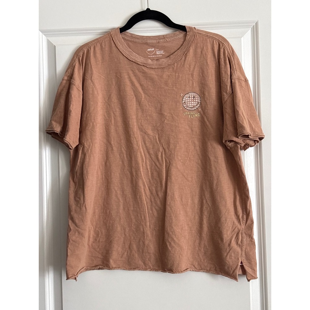 Aerie Brown Graphic T-Shirt Spring Fling Disco Ball Smiley Face Oversized Small - Picture 3 of 7